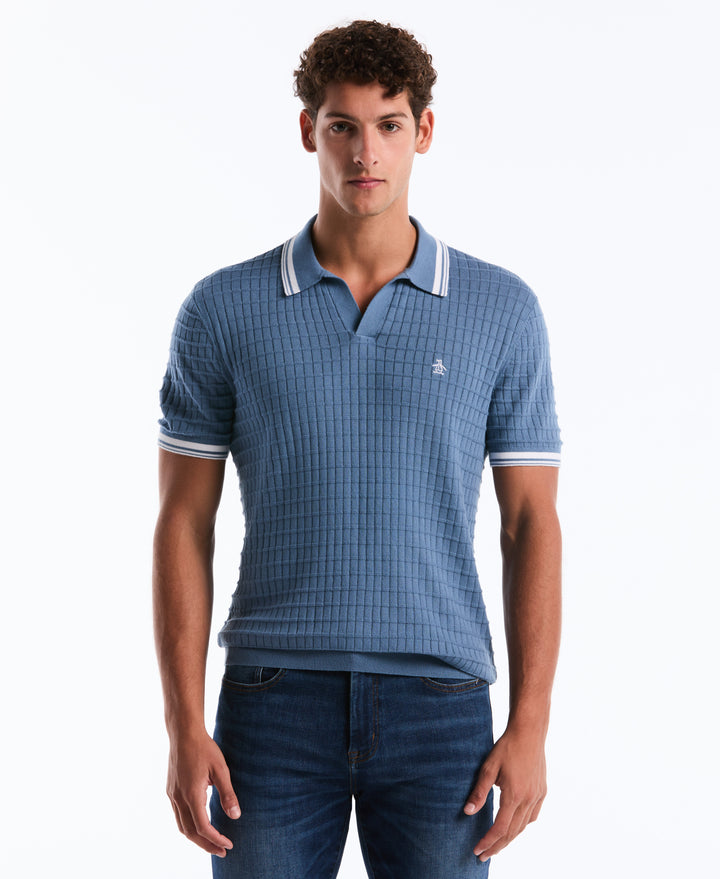 Grid Knit Johnny Collar Sweater Polo (Copen Blue) 
