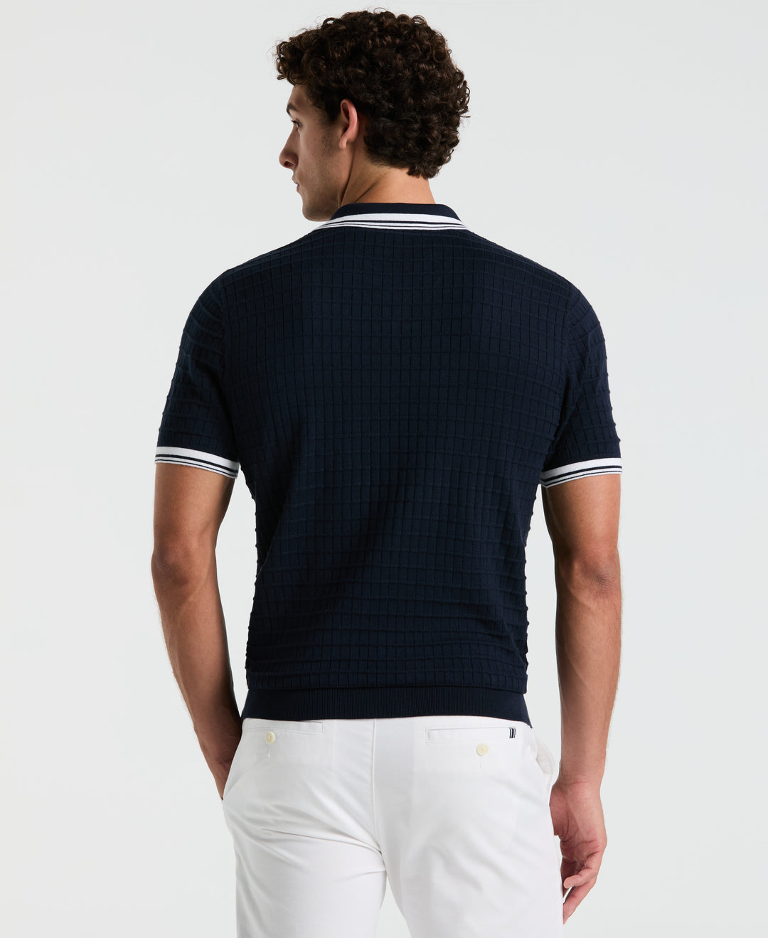 Grid Knit Johnny Collar Sweater Polo (Dark Sapphire) 