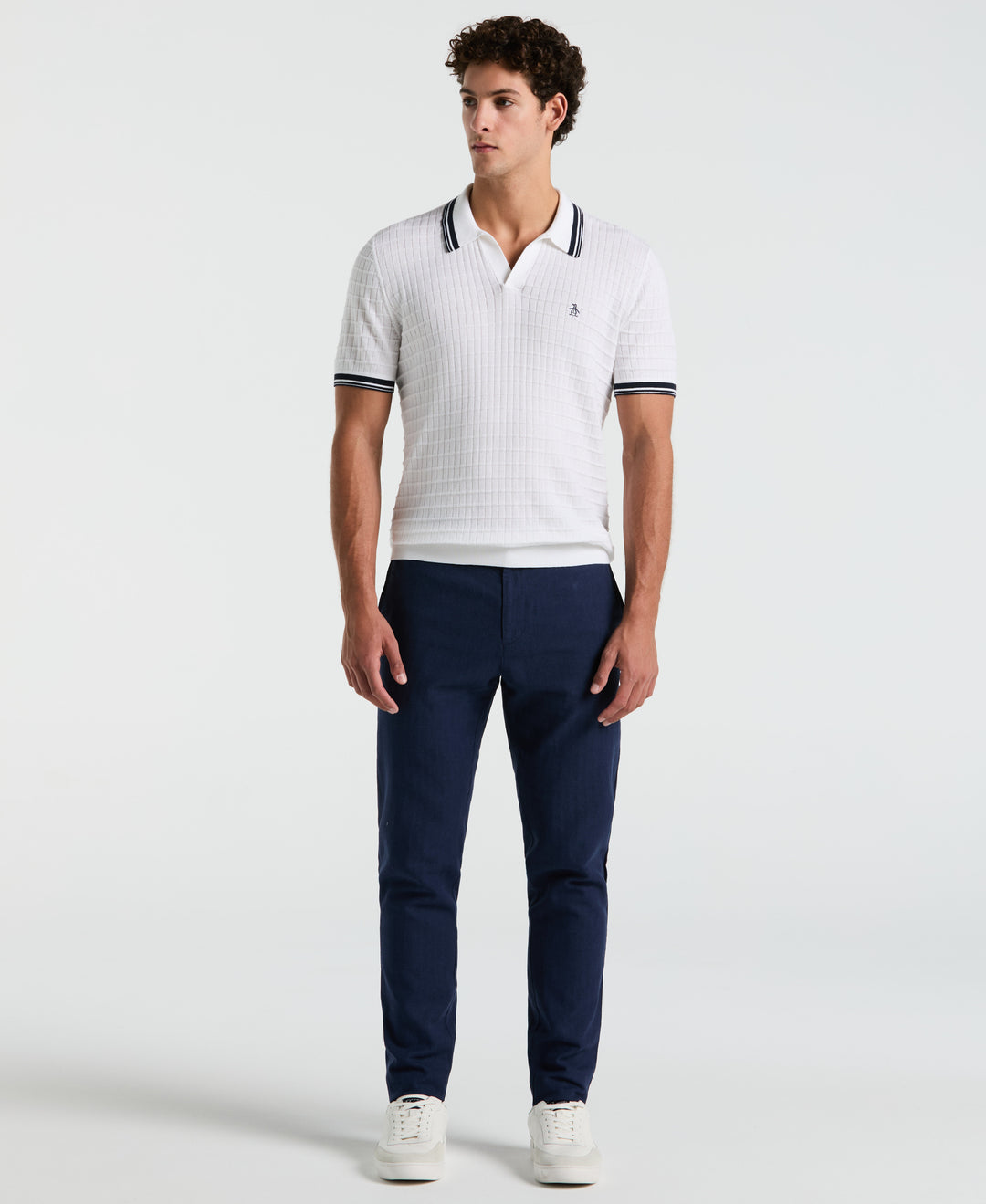 Grid Knit Johnny Collar Sweater Polo (Bright White) 