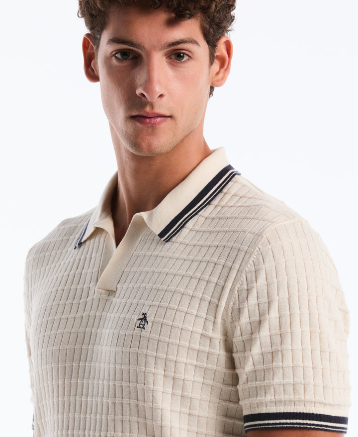 Grid Knit Johnny Collar Sweater Polo (Birch) 