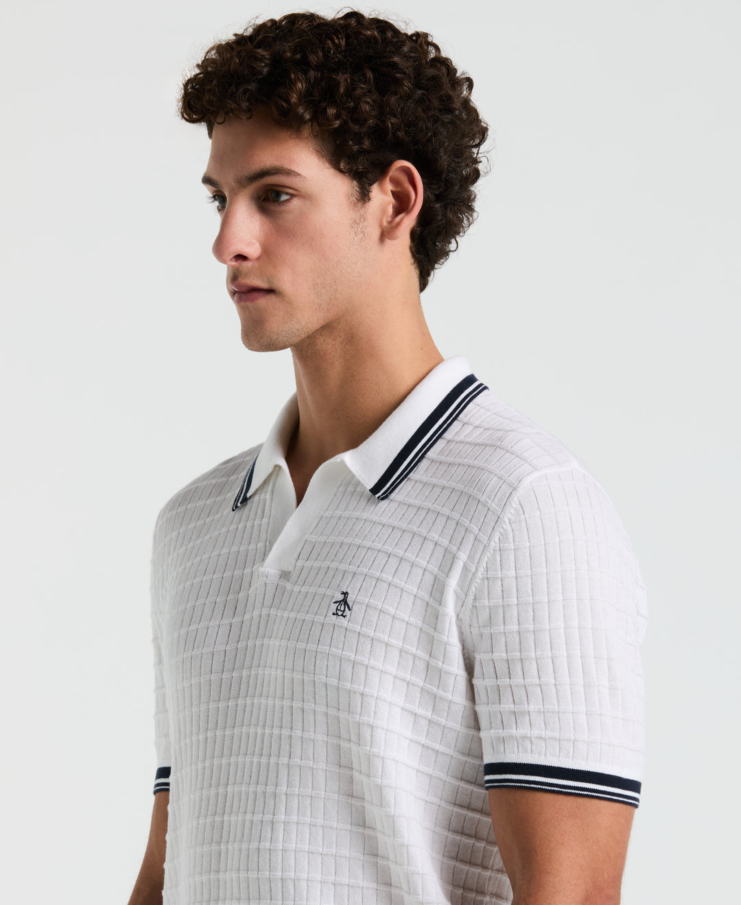 Grid Knit Johnny Collar Sweater Polo (Bright White) 