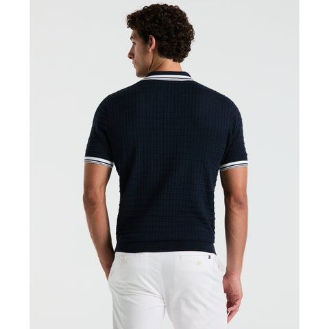 Grid Knit Johnny Collar Sweater Polo (Dark Sapphire) 