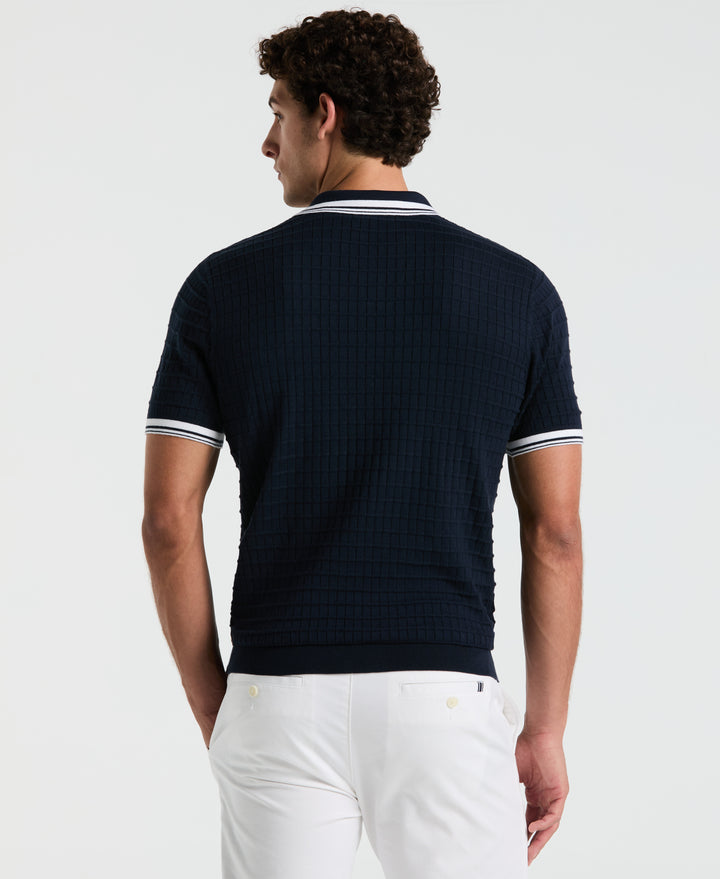 Grid Knit Johnny Collar Sweater Polo (Dark Sapphire) 