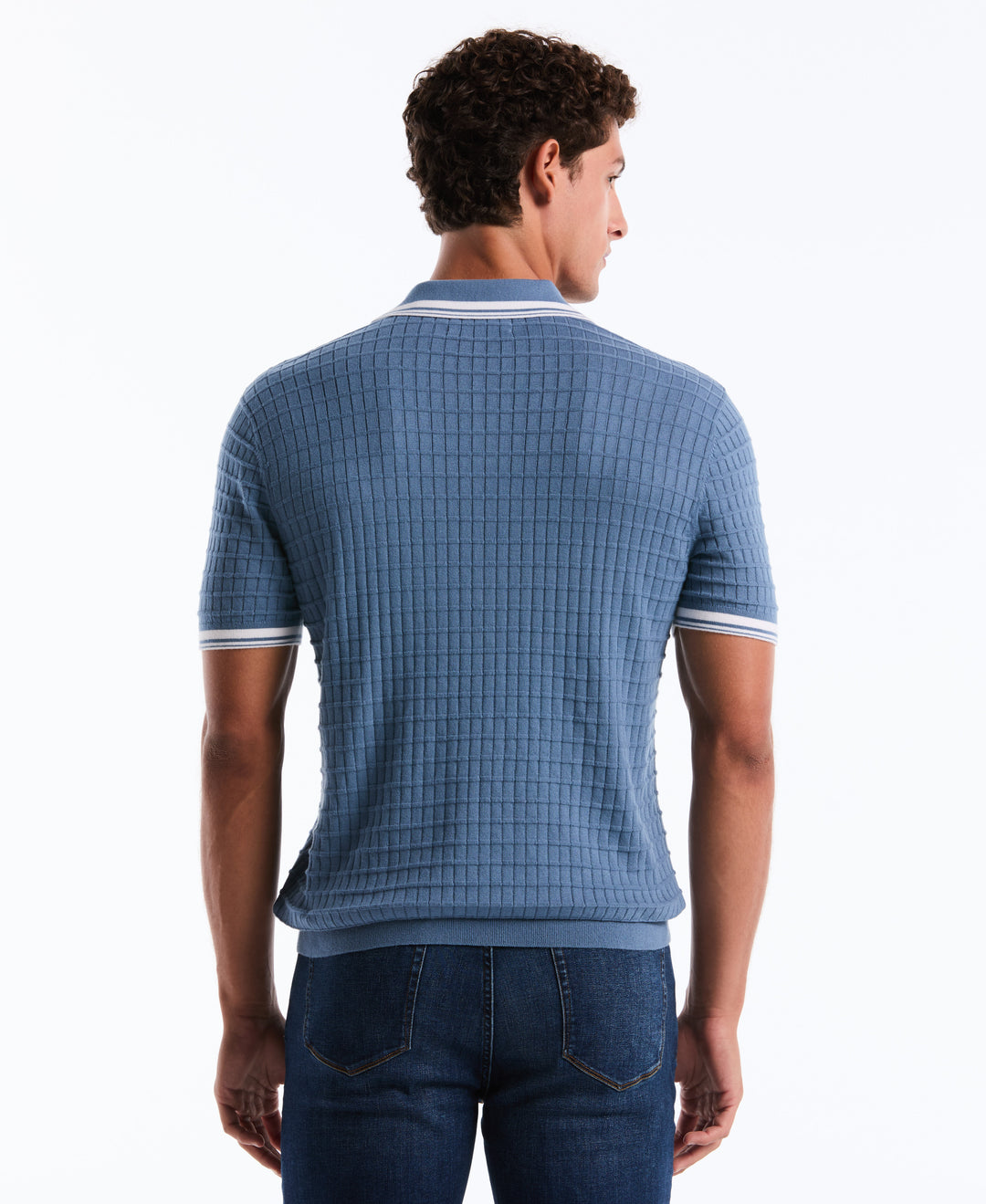 Grid Knit Johnny Collar Sweater Polo (Copen Blue) 