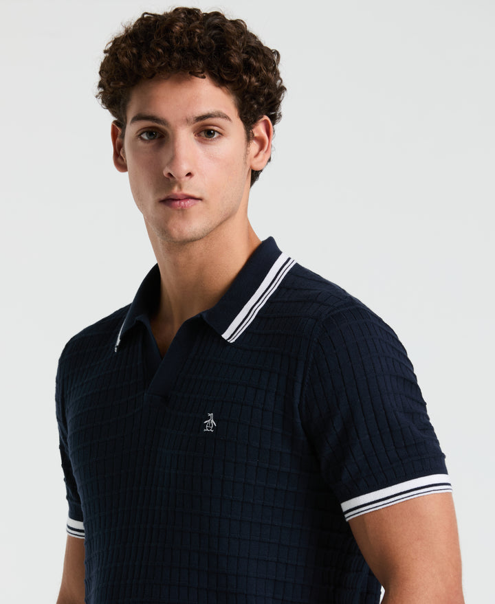 Grid Knit Johnny Collar Sweater Polo (Dark Sapphire) 