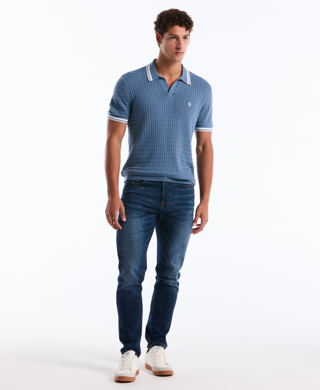Grid Knit Johnny Collar Sweater Polo (Copen Blue) 