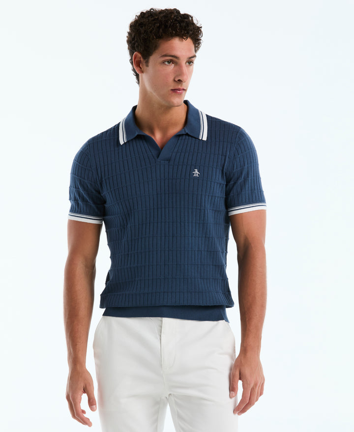 Cotton Grid Texture Jonny Collar Sweater (Sargasso Sea) 