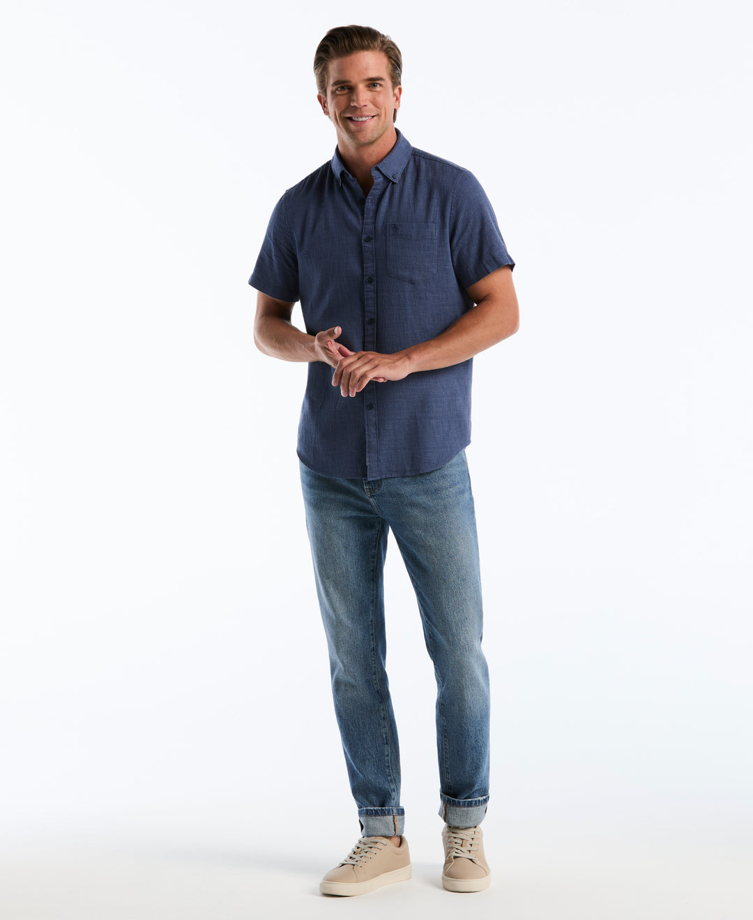 Cotton Heathered Dobby Short Sleeve Shirt (Sargasso Sea) 