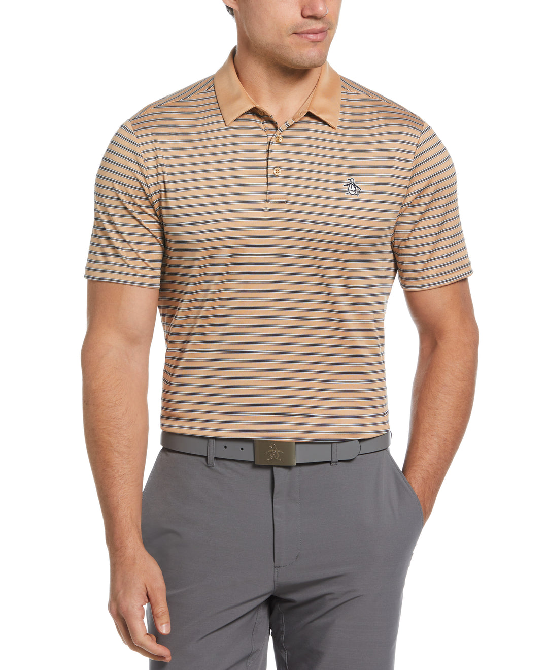 Heritage Stripe Solid Collar Short Sleeve Polo Shirt (Tan) 