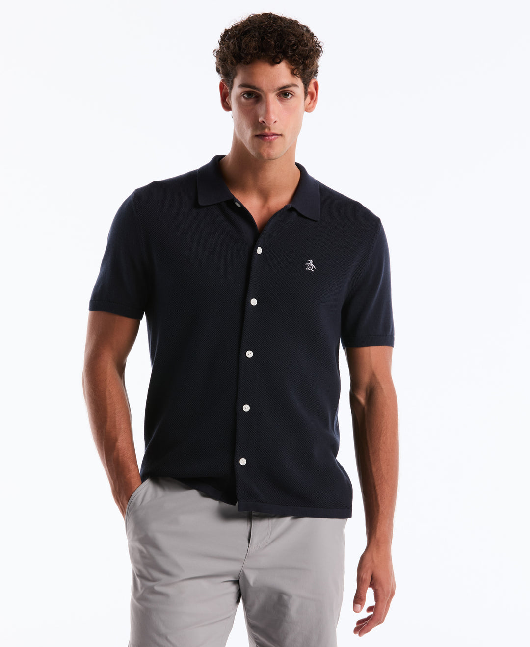 Cotton Honeycomb Short Sleeve Button Front Sweater (Dark Sapphire) 
