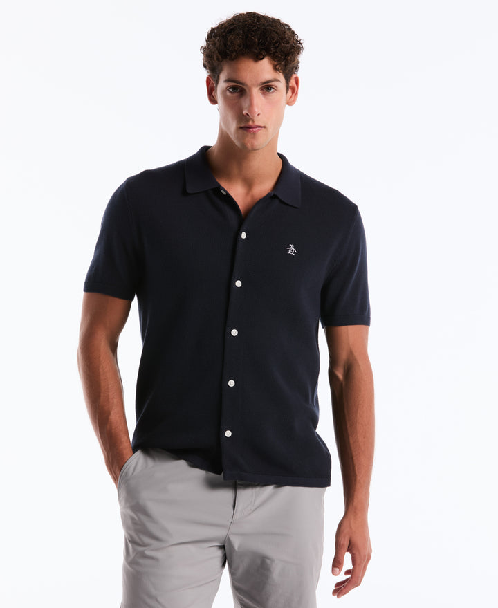 Cotton Honeycomb Short Sleeve Button Front Sweater (Dark Sapphire) 