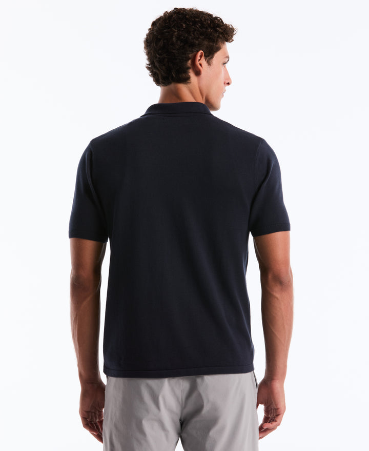 Cotton Honeycomb Short Sleeve Button Front Sweater (Dark Sapphire) 