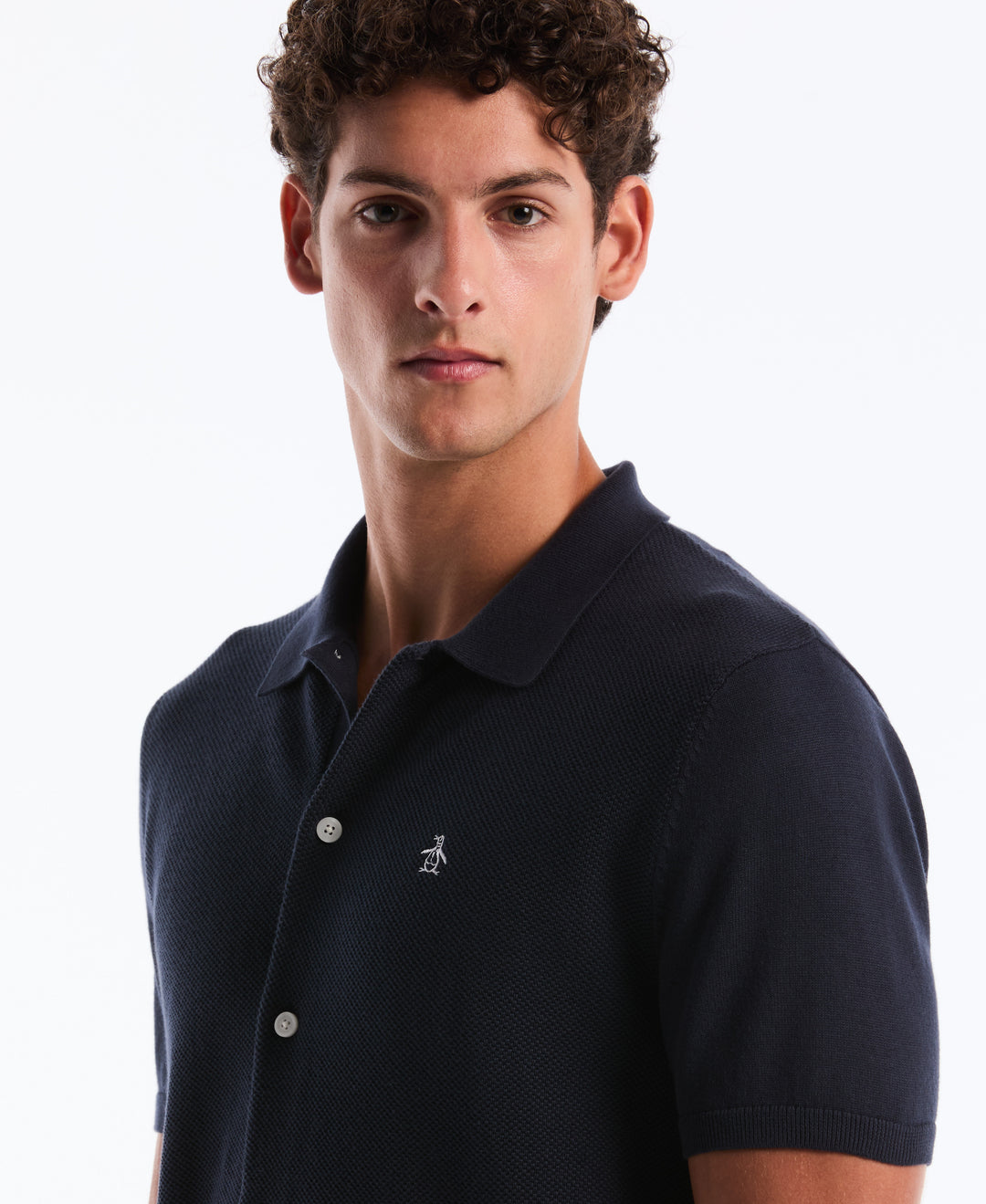 Cotton Honeycomb Short Sleeve Button Front Sweater (Dark Sapphire) 