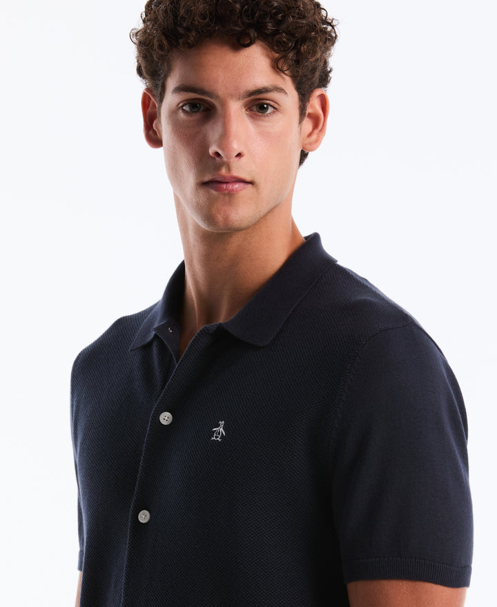 Cotton Honeycomb Short Sleeve Button Front Sweater (Dark Sapphire) 