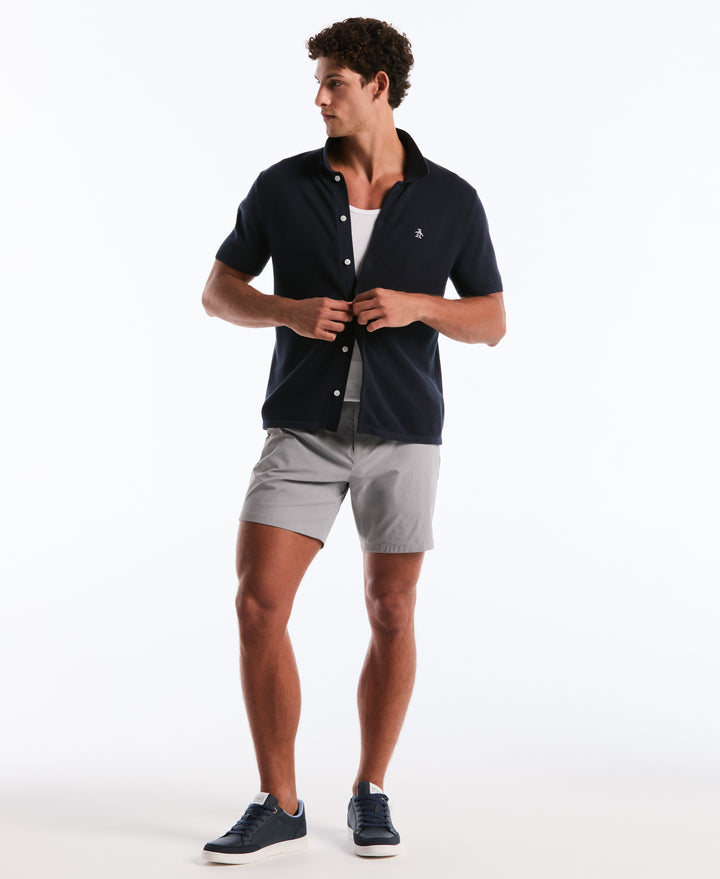 Cotton Honeycomb Short Sleeve Button Front Sweater (Dark Sapphire) 