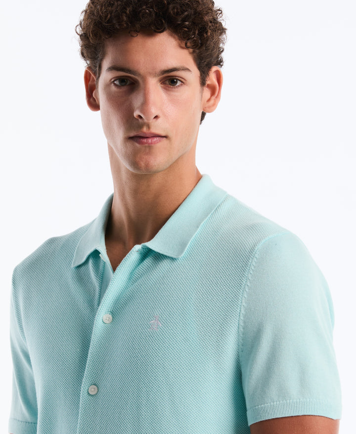 Cotton Honeycomb Short Sleeve Button Front Sweater (Plume) 