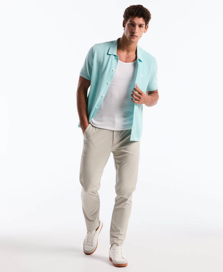 Cotton Honeycomb Short Sleeve Button Front Sweater (Plume) 