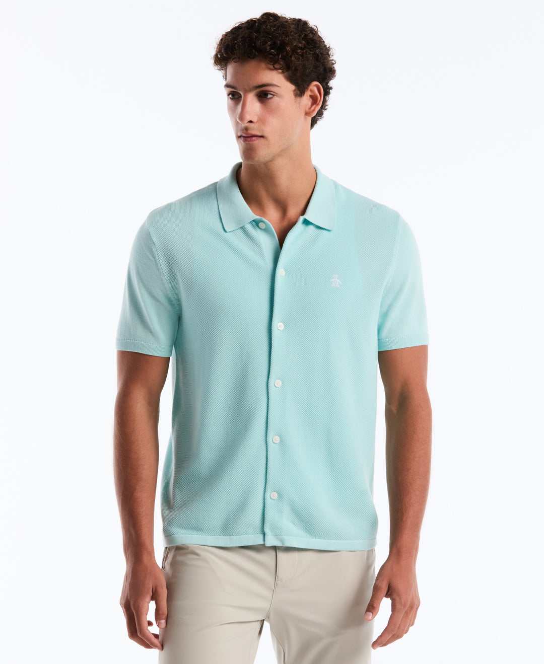Cotton Honeycomb Short Sleeve Button Front Sweater (Plume) 