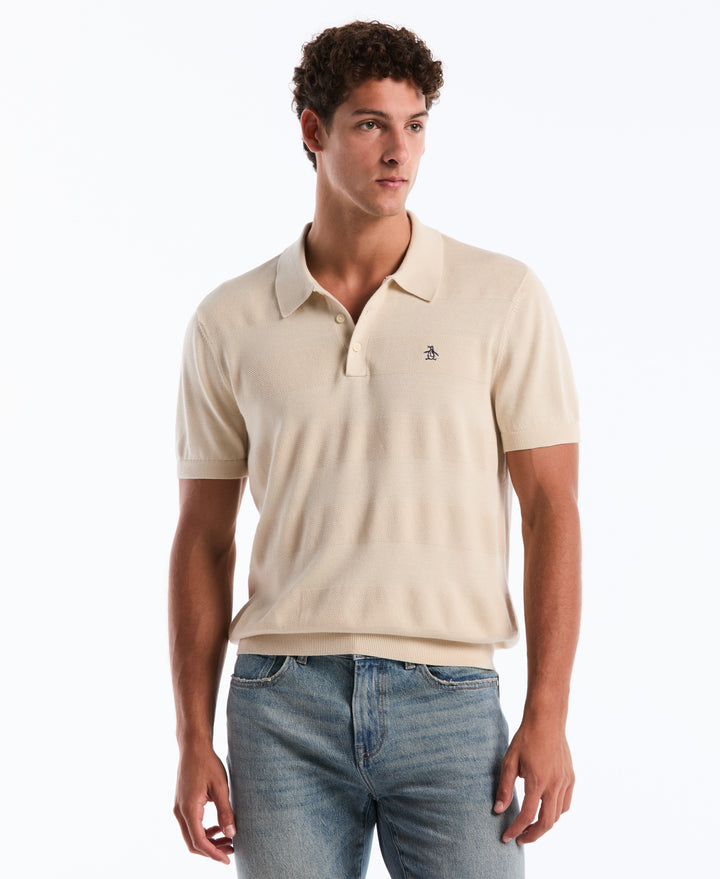 Cotton Honeycomb Stripe Stitch Sweater Polo (Birch) 