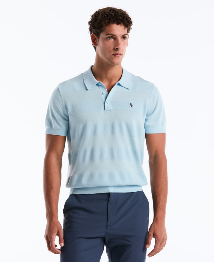 Cotton Honeycomb Stripe Stitch Sweater Polo (Cool Blue) 