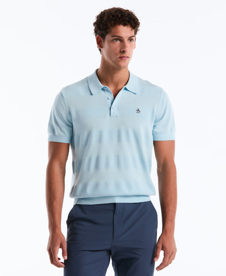 Cotton Honeycomb Stripe Stitch Sweater Polo (Cool Blue) 