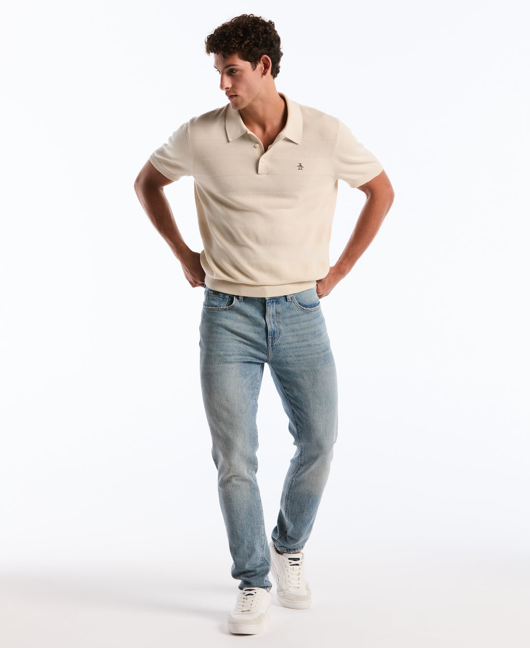 Cotton Honeycomb Stripe Stitch Sweater Polo (Birch) 
