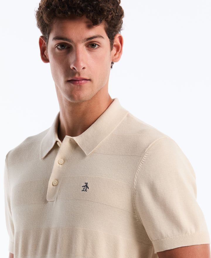 Cotton Honeycomb Stripe Stitch Sweater Polo (Birch) 