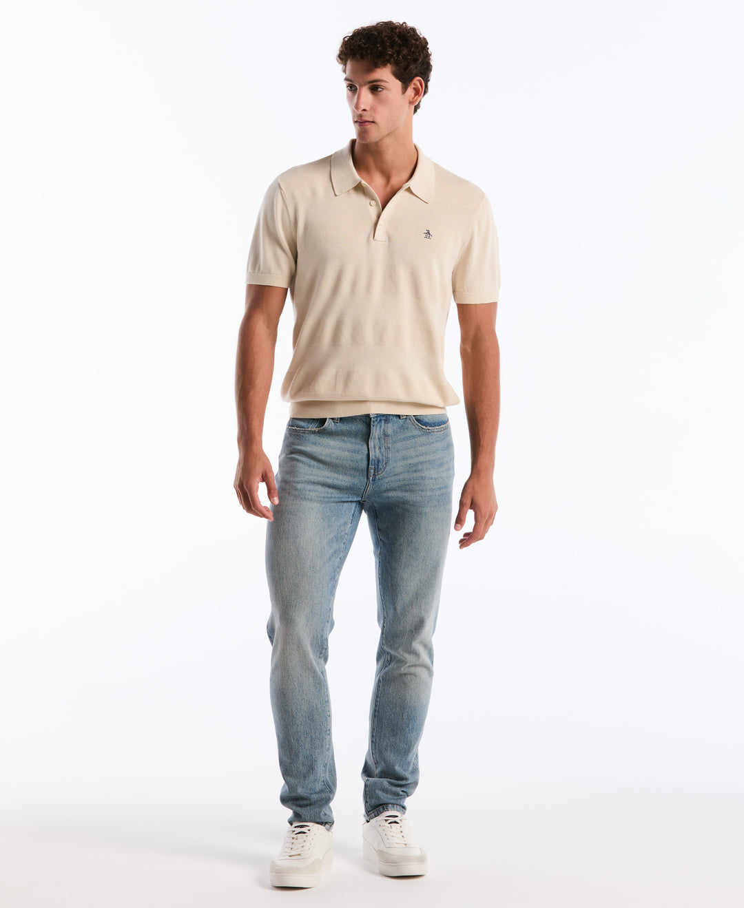 Cotton Honeycomb Stripe Stitch Sweater Polo (Birch) 