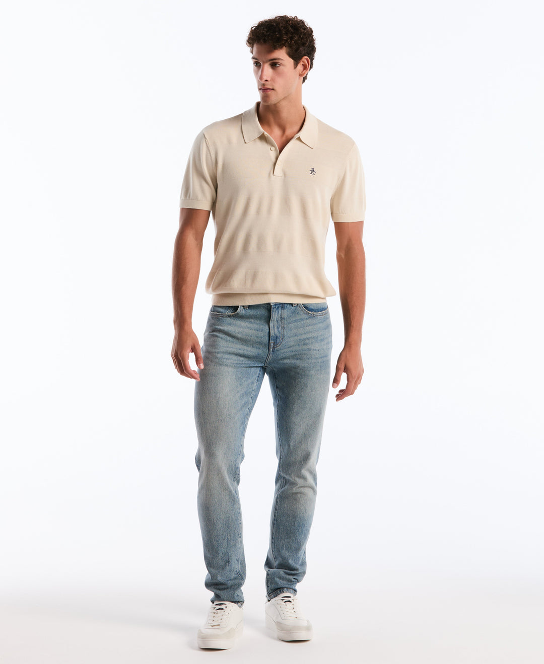 Cotton Honeycomb Stripe Stitch Sweater Polo (Birch) 