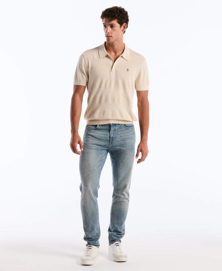 Cotton Honeycomb Stripe Stitch Sweater Polo (Birch) 