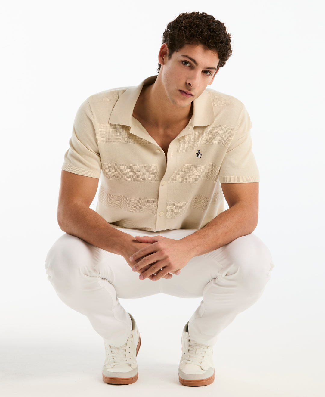 Cotton Honeycomb Button Front Sweater (Birch) 