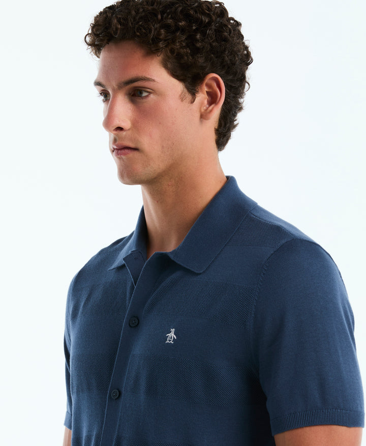 Cotton Honeycomb Button Front Sweater (Sargasso Sea) 