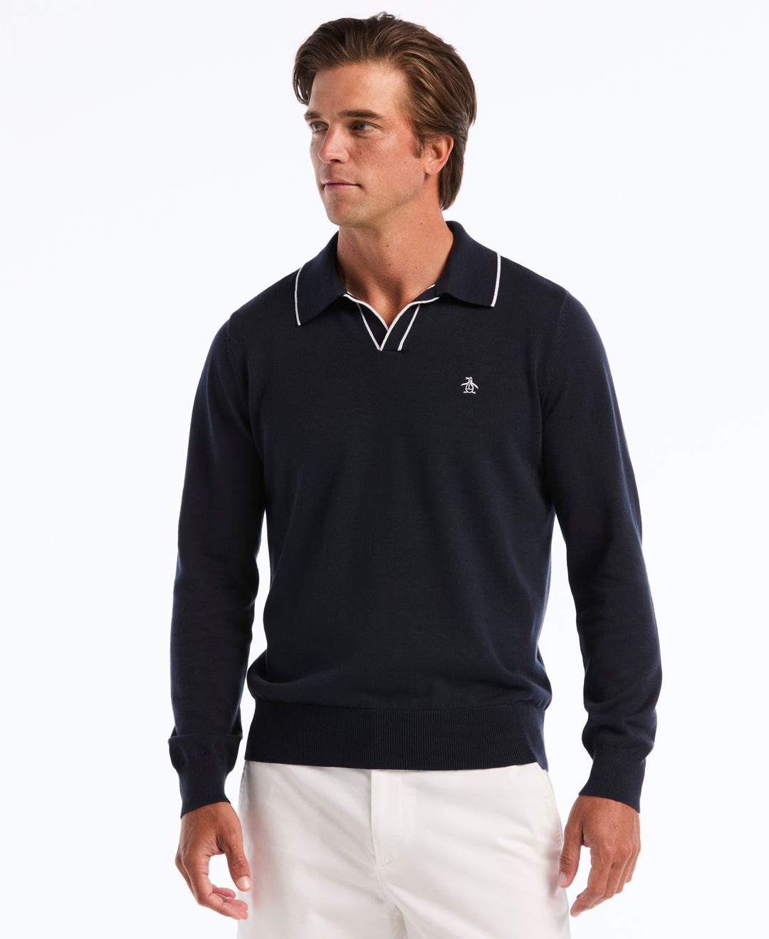 Honeycomb Tipping Collar Long Sleeve Sweater Polo (Dark Sapphire) 