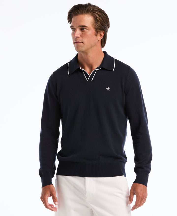 Honeycomb Tipping Collar Long Sleeve Sweater Polo (Dark Sapphire) 