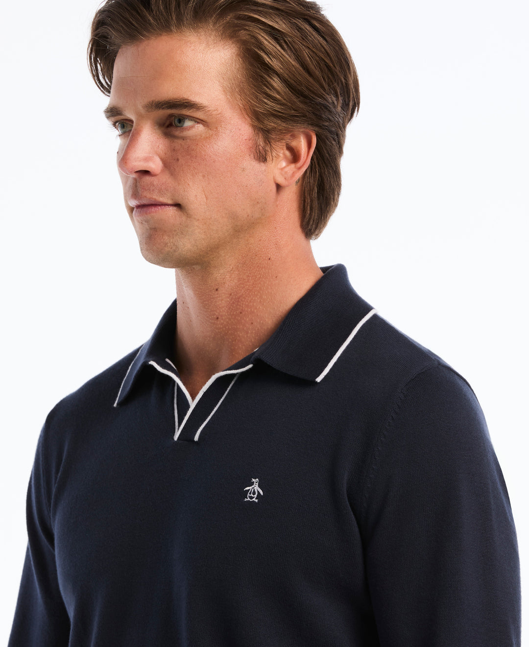 Honeycomb Tipping Collar Long Sleeve Sweater Polo (Dark Sapphire) 