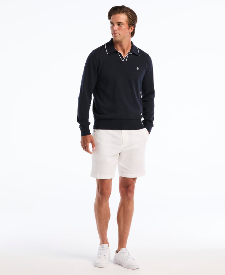 Honeycomb Tipping Collar Long Sleeve Sweater Polo (Dark Sapphire) 