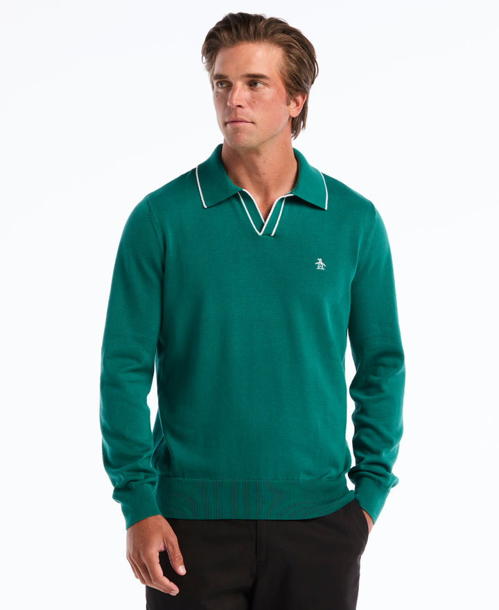 Honeycomb Tipping Collar Long Sleeve Sweater Polo (Storm) 