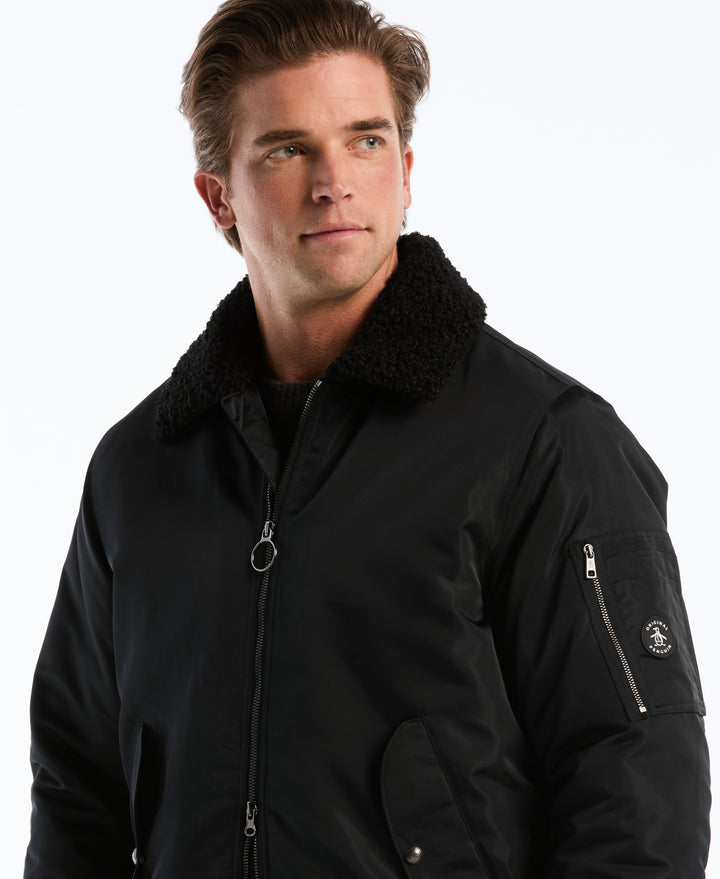 Insulated Faux Shearling Aviator Jacket (True Black) 