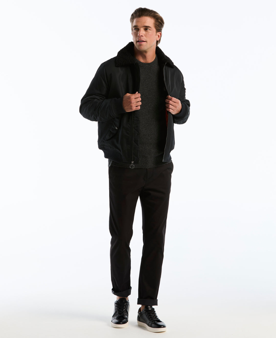 Insulated Faux Shearling Aviator Jacket (True Black) 