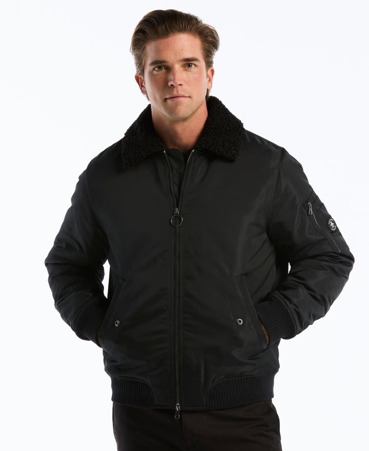 Insulated Faux Shearling Aviator Jacket (True Black) 