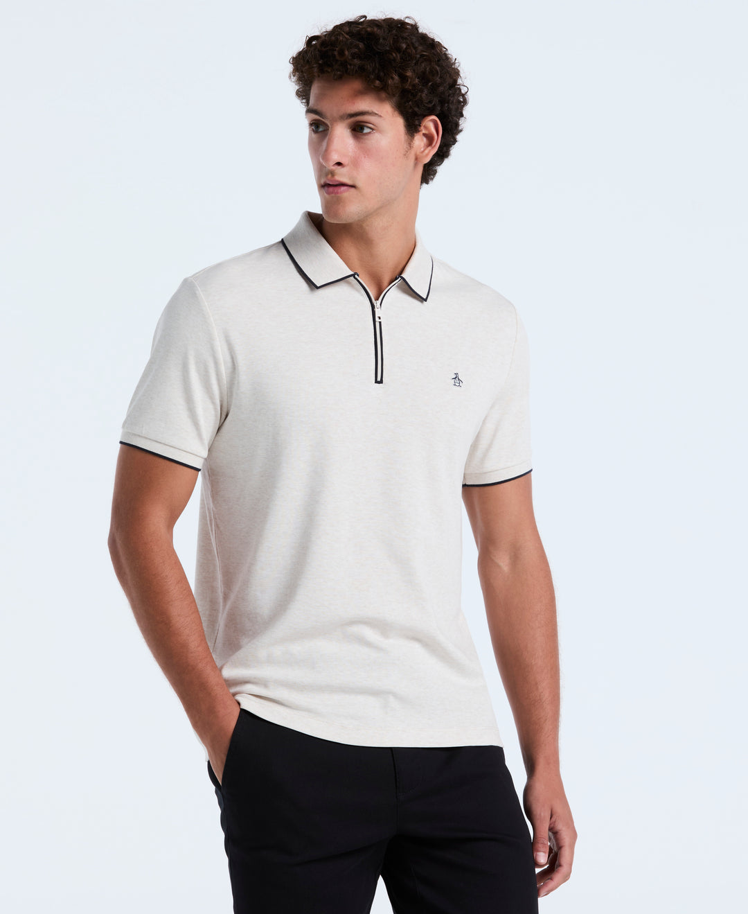 Cotton Interlock 1/4 Zip Tipped Polo (Birch Htr) 