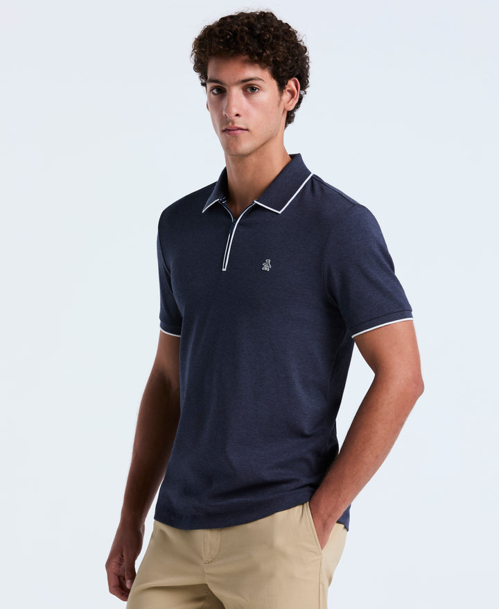 Cotton Interlock 1/4 Zip Tipped Polo (Dark Sapphire Heather) 