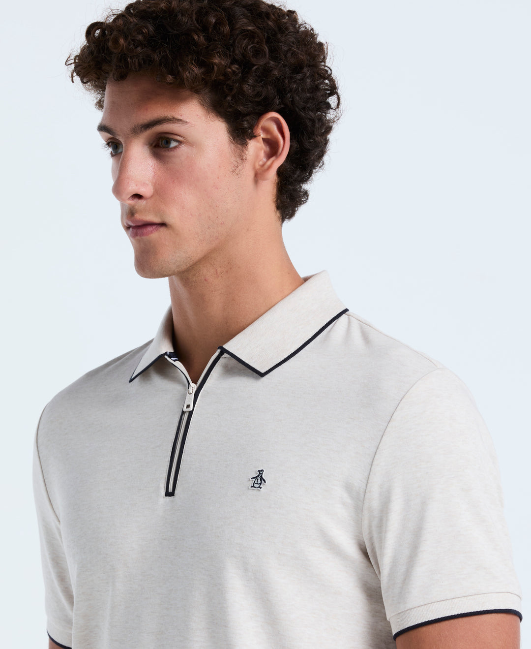 Cotton Interlock 1/4 Zip Tipped Polo (Birch Htr) 
