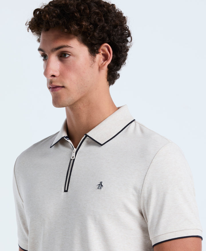 Cotton Interlock 1/4 Zip Tipped Polo (Birch Htr) 