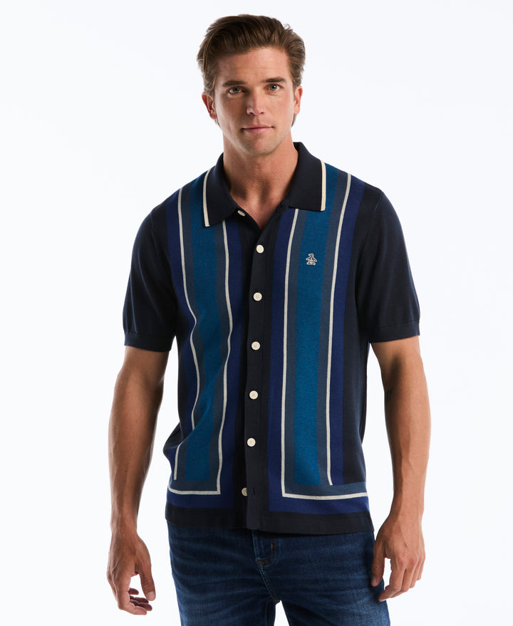 Jacquard Blend Button-Up Sweater Polo (Dark Sapphire) 
