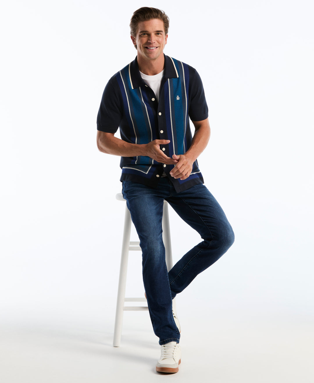 Jacquard Blend Button-Up Sweater Polo (Dark Sapphire) 