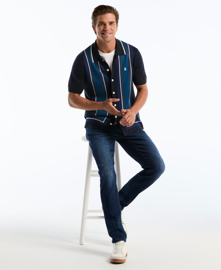 Jacquard Blend Button-Up Sweater Polo (Dark Sapphire) 