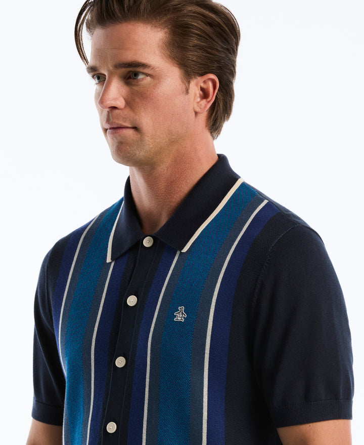 Jacquard Blend Button-Up Sweater Polo (Dark Sapphire) 