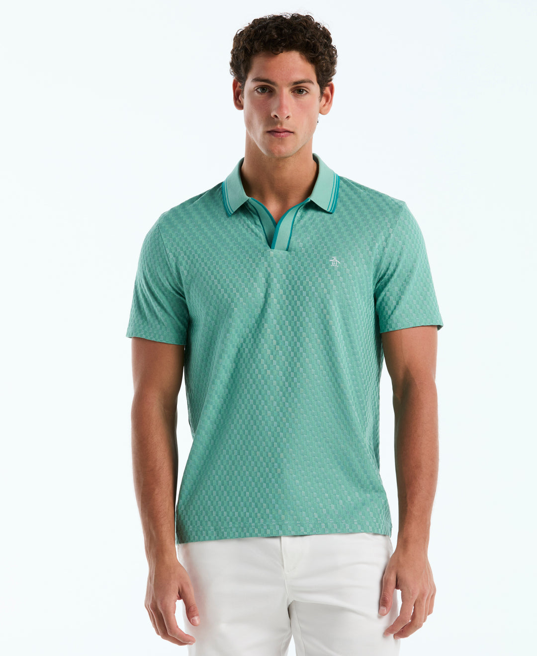 Jacquard Check Johnny Collar Polo (Beryl Green) 