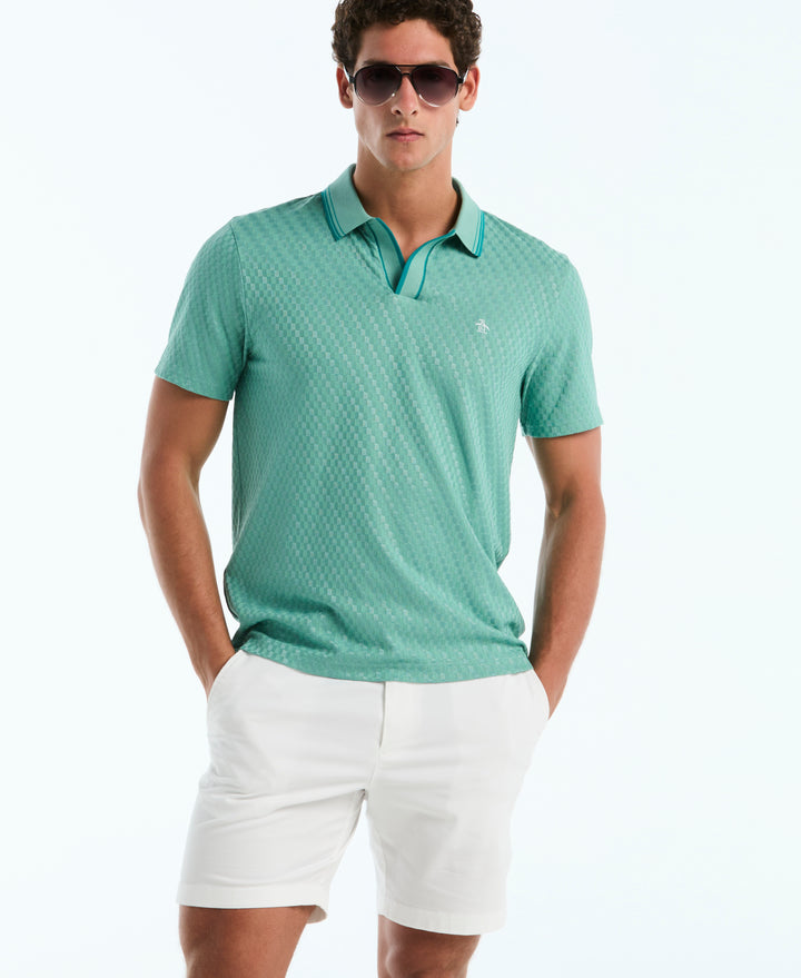 Jacquard Check Johnny Collar Polo (Beryl Green) 